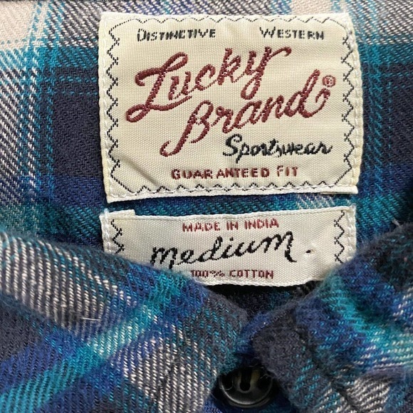 LUCKY BRAND Men’s M Plaid Flannel Western Shirt Pearl Snaps Long Sleeves - Picture 4 of 5